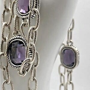 Etienne Aigner Silver Tone Chain Link Necklace with Amethyst Cabochan Beads, EUC